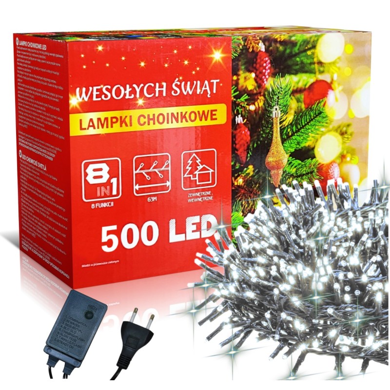 Świąteczne Lampki Choinkowe Zimne Białe 500 LED 8 Funkcji