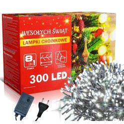 Świąteczne Lampki Choinkowe Zimne Białe 300 LED 8 Funkcji