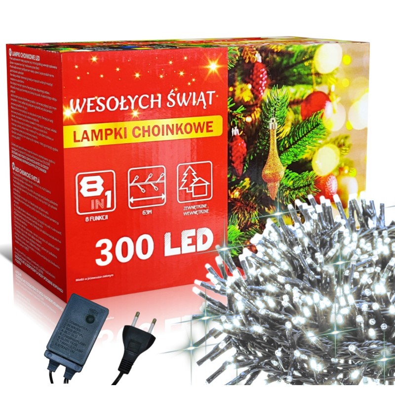Świąteczne Lampki Choinkowe Zimne Białe 300 LED 8 Funkcji