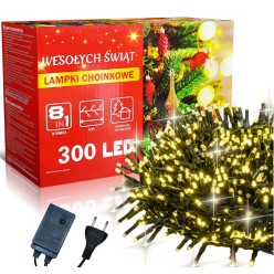 Świąteczne Lampki Choinkowe Ciepłe Białe 300 LED 8 Funkcji