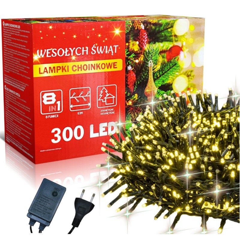 Świąteczne Lampki Choinkowe Ciepłe Białe 300 LED 8 Funkcji