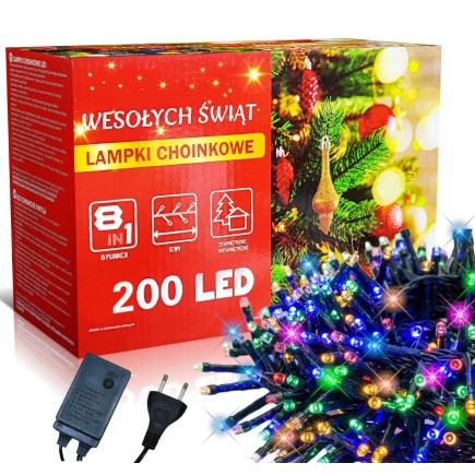 Świąteczne Lampki Choinkowe Kolorowe 200 LED 8 Funkcji