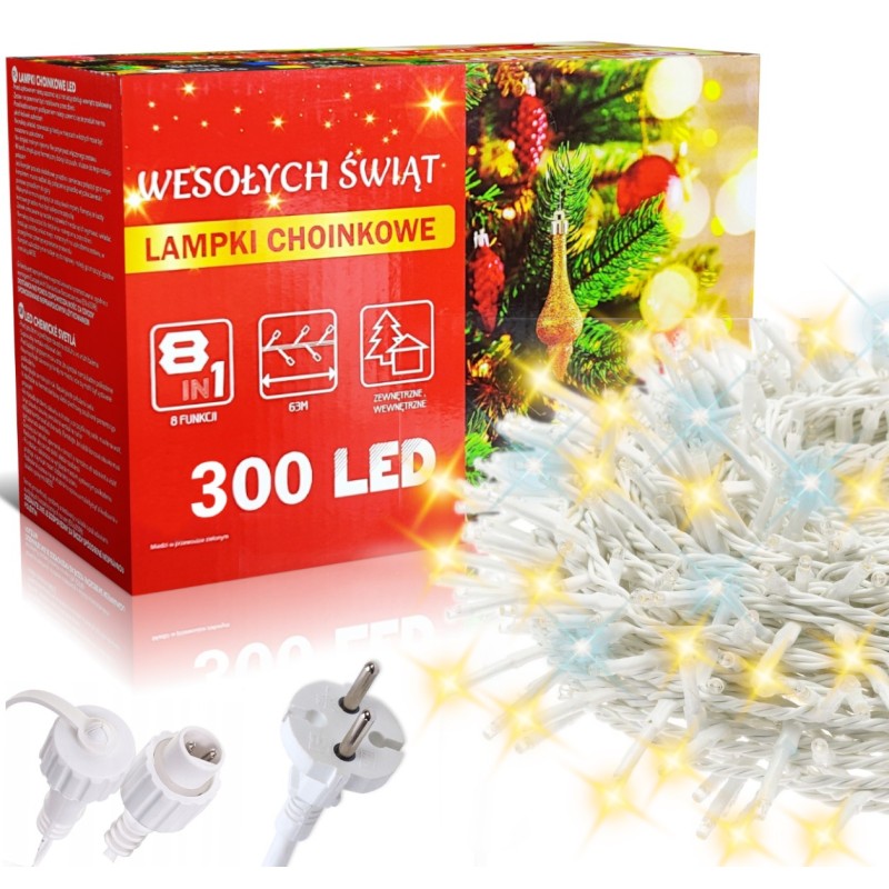 Świąteczne Lampki Biały Przewód Ciepłe Białe 300 LED Iskrzące