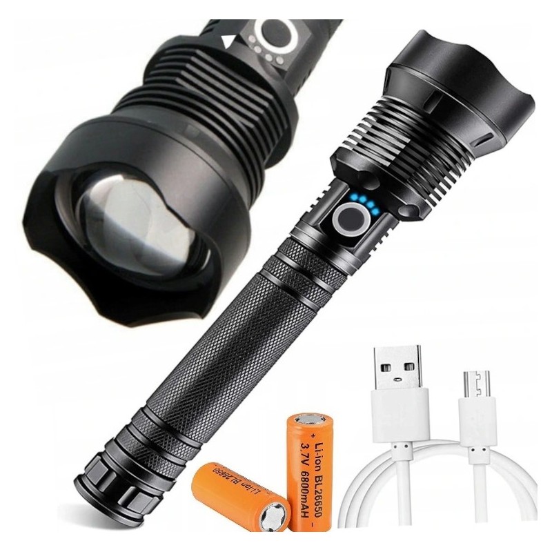 Latarka Taktyczna Wojskowa z ZOOM LED XHP90 Na Ogniwa 18650 / 26650 Ogniwa w Zestawie